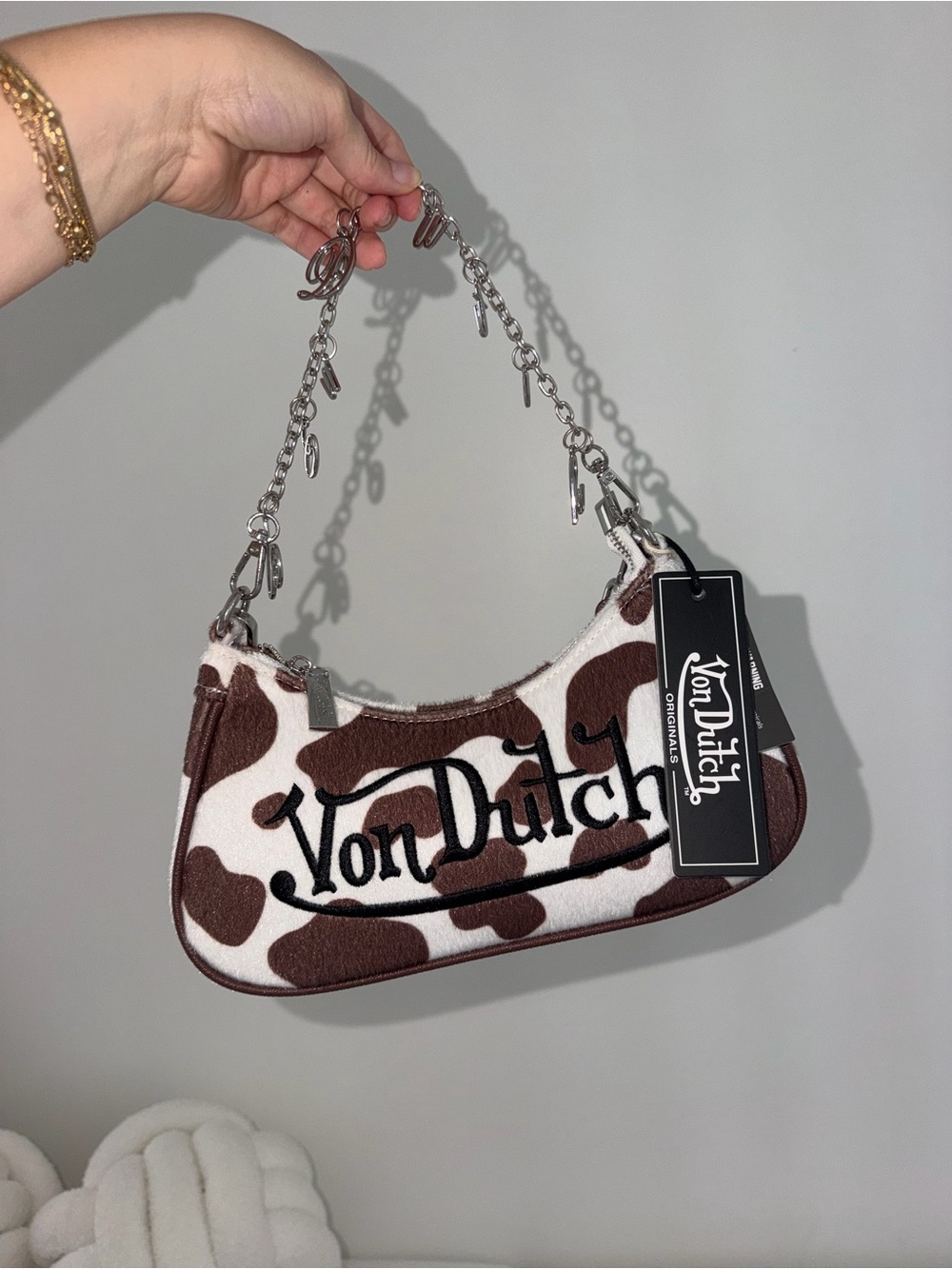 Von Dutch Brown & White Cow Print Shoulder Bag with Silver Chain